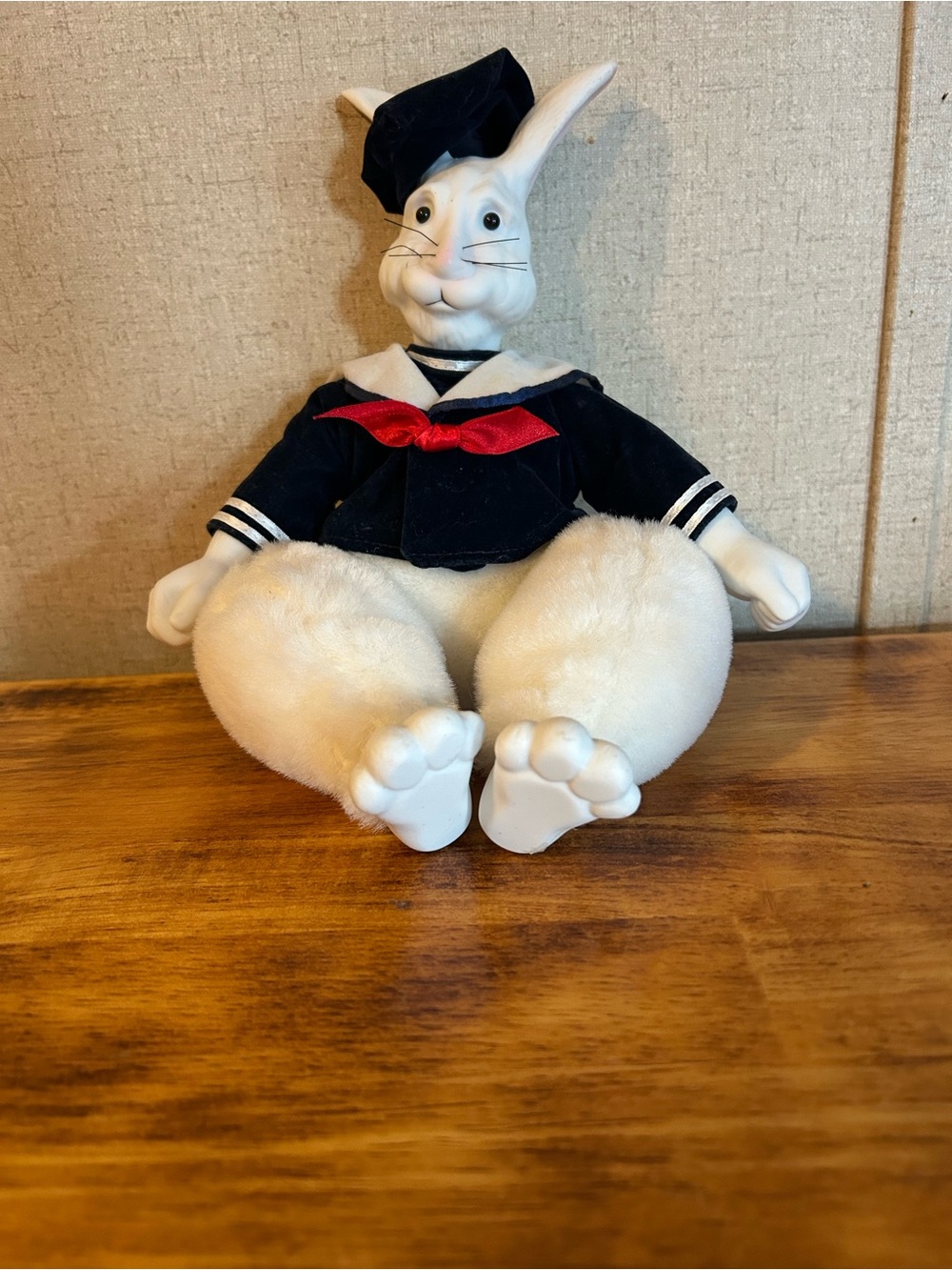Vintage Anco White Porcelain and Plush Bunny in Navy Sailor Outfit with Red Bow